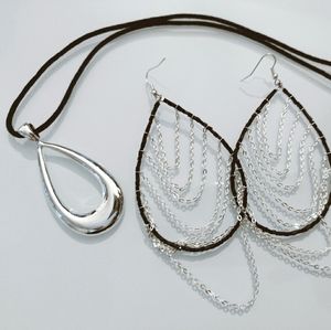 Dangling earrings cord necklace teardrop pendant